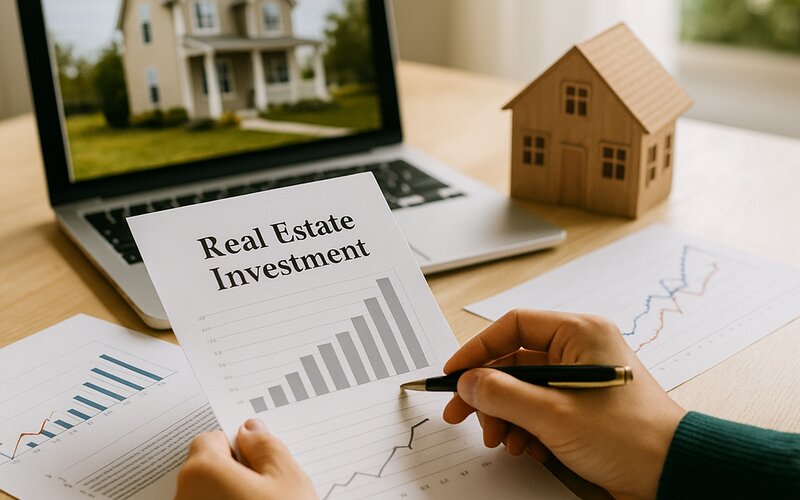 Real estate investment analysis with charts and house model