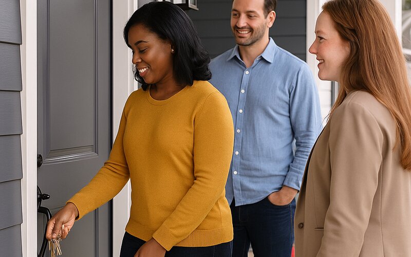 Agent showing home to happy couple at front door