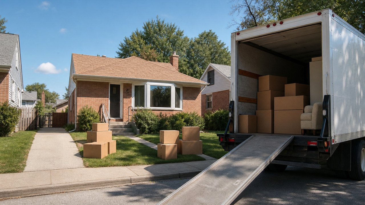 Boxes and a moving truck ready for a long-distance move and relocation to Tulsa