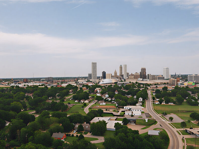 Aerial view of Tulsa skyline and neighborhoods
