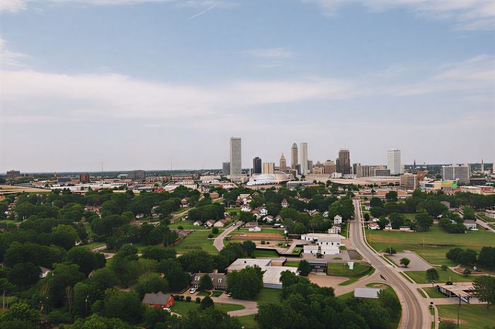 Aerial view across Tulsa toward the downtown skyline