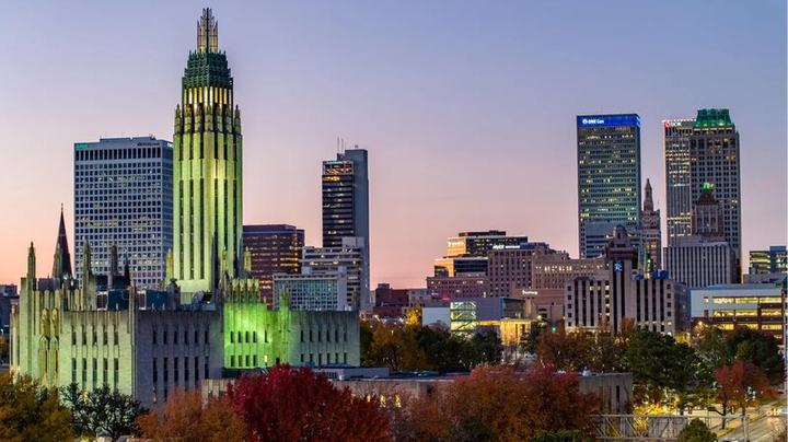 Downtown Tulsa skyline at dusk